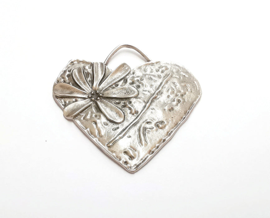 Heart Flower Pendant Antique Silver Plated Pendant (66x65mm)  G21408