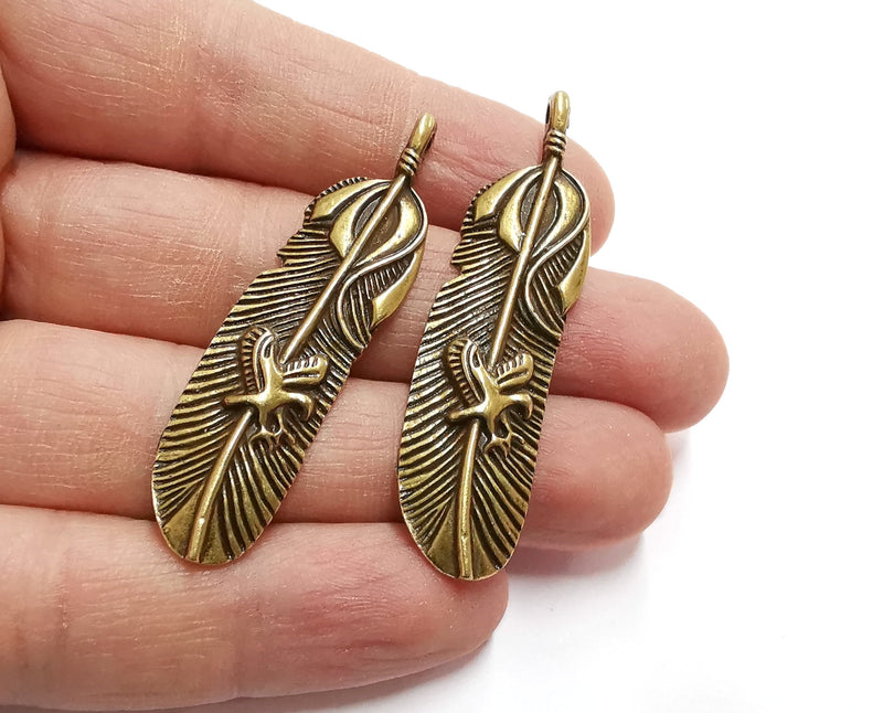2 Feather Charms Antique Bronze Plated Charms (55x15mm)  G21212
