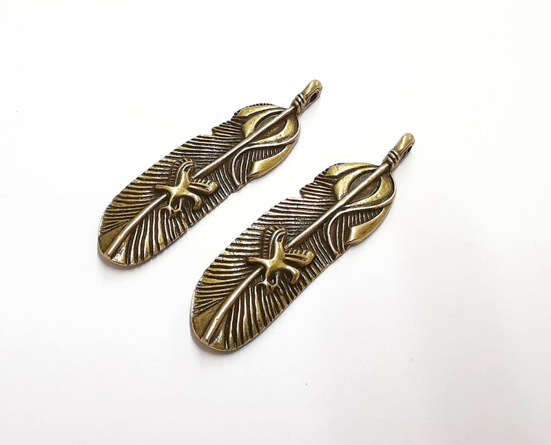 2 Feather Charms Antique Bronze Plated Charms (55x15mm)  G21212