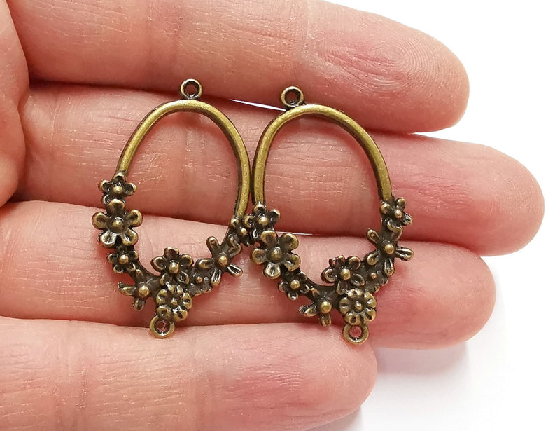 2 Flower Charms Connector Antique Bronze Plated Charms (40x24mm)  G21244