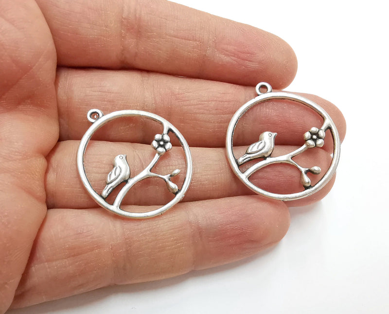 2 Bird Flower Charms Antique Silver Plated Charms (32x29mm)  G21294