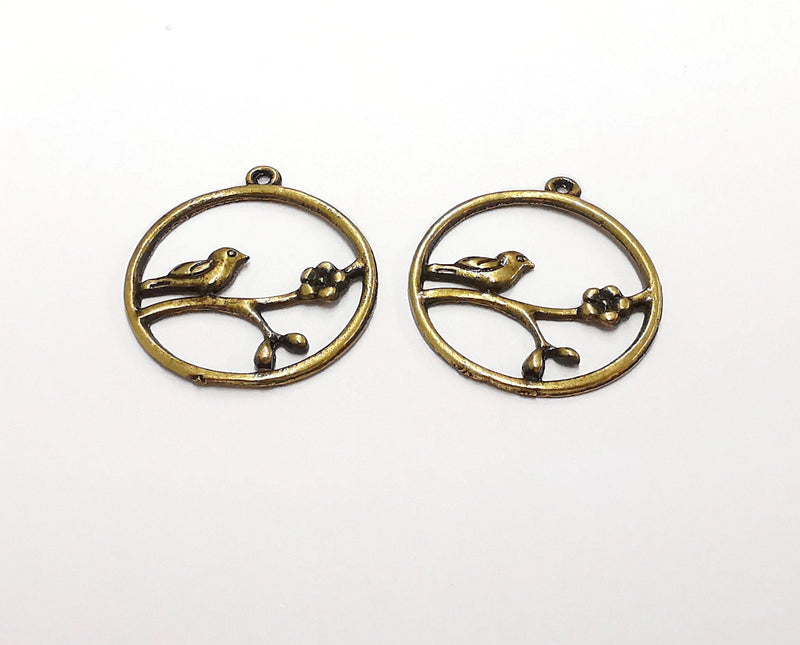 2 Bird Flower Charms Antique Bronze Plated Charms (32x29mm)  G21296