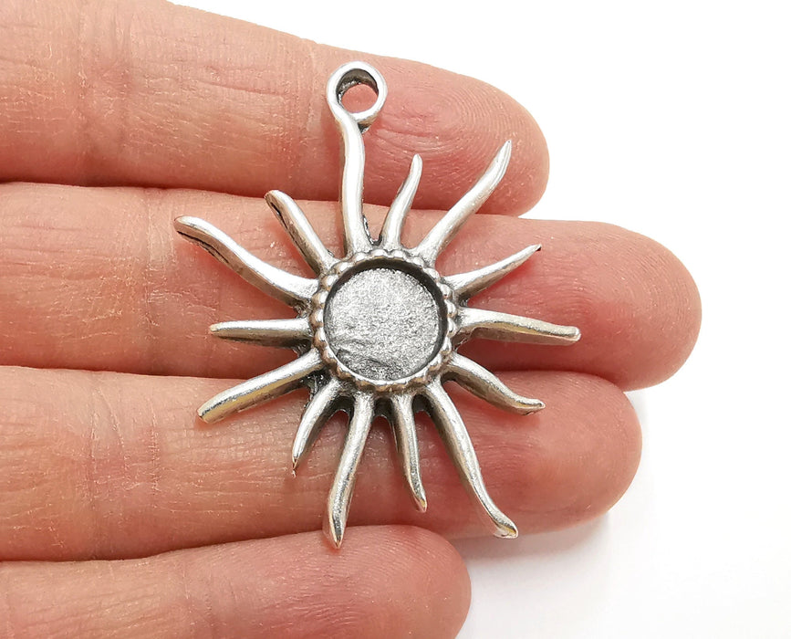 Sun Charms Blank Bezel Resin Bezel Mosaic Mountings Antique Silver Plated Charms (48x42mm) (11 mm Bezel Inner Size)  G21303