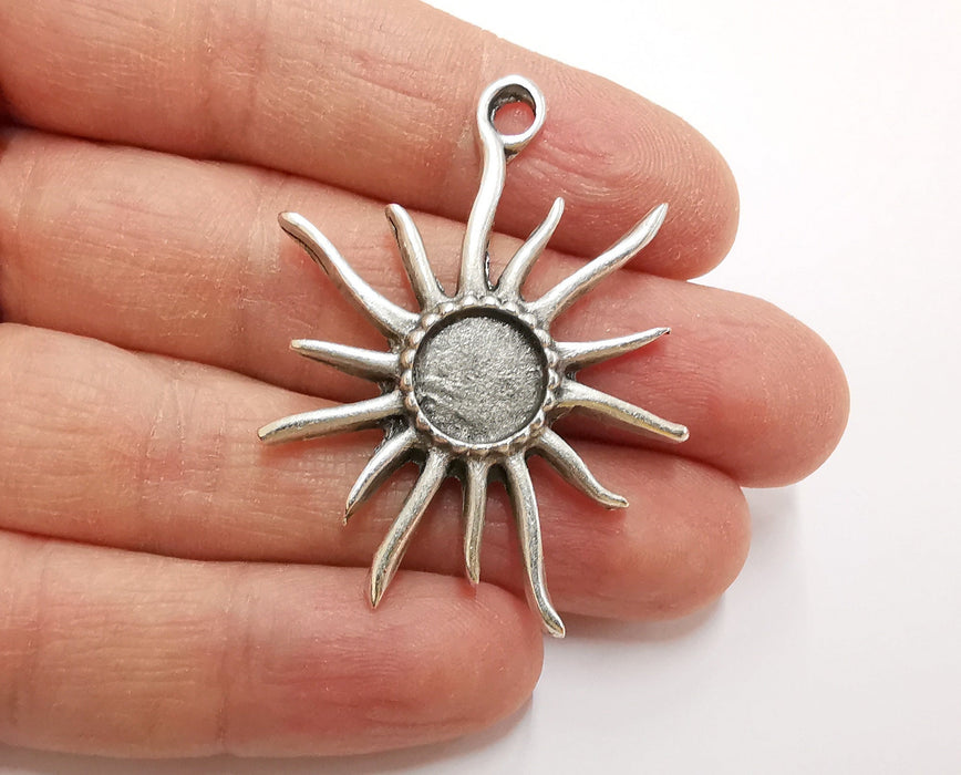 Sun Charms Blank Bezel Resin Bezel Mosaic Mountings Antique Silver Plated Charms (48x42mm) (11 mm Bezel Inner Size)  G21303