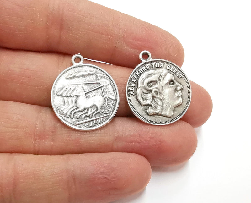 2 Coin Charms Antique Silver Plated Charms  (26x23 mm)  G21311
