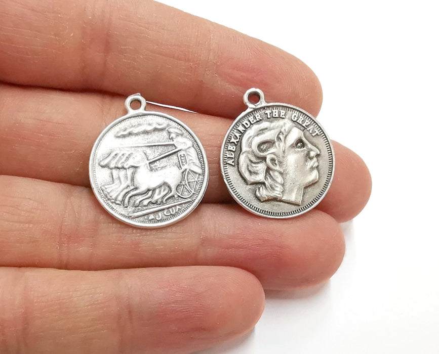 2 Coin Charms Antique Silver Plated Charms  (26x23 mm)  G21311