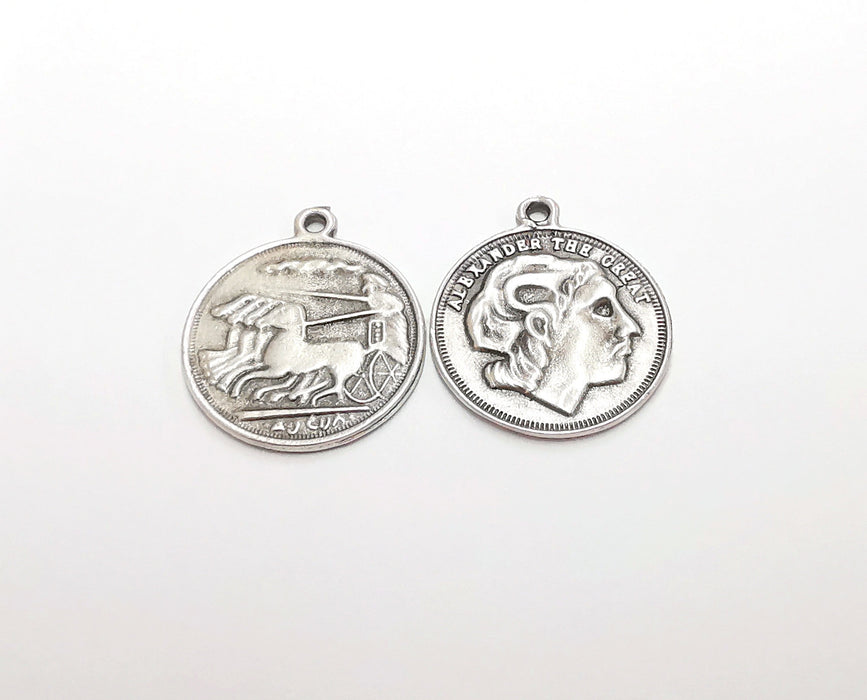 2 Coin Charms Antique Silver Plated Charms  (26x23 mm)  G21311