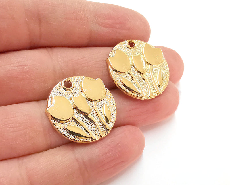 2 Flowers Charms Shiny Gold Plated Charms (24mm)  G21320