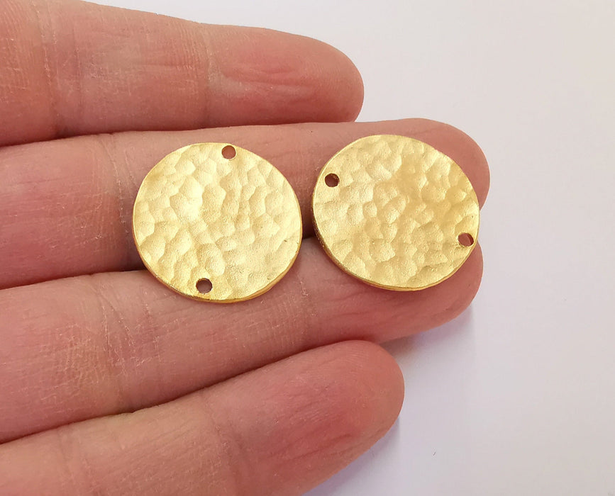 2 Gold Charms Connector Gold Plated Hammered Stamp Round Charm Tag Brass (22mm)   G21337