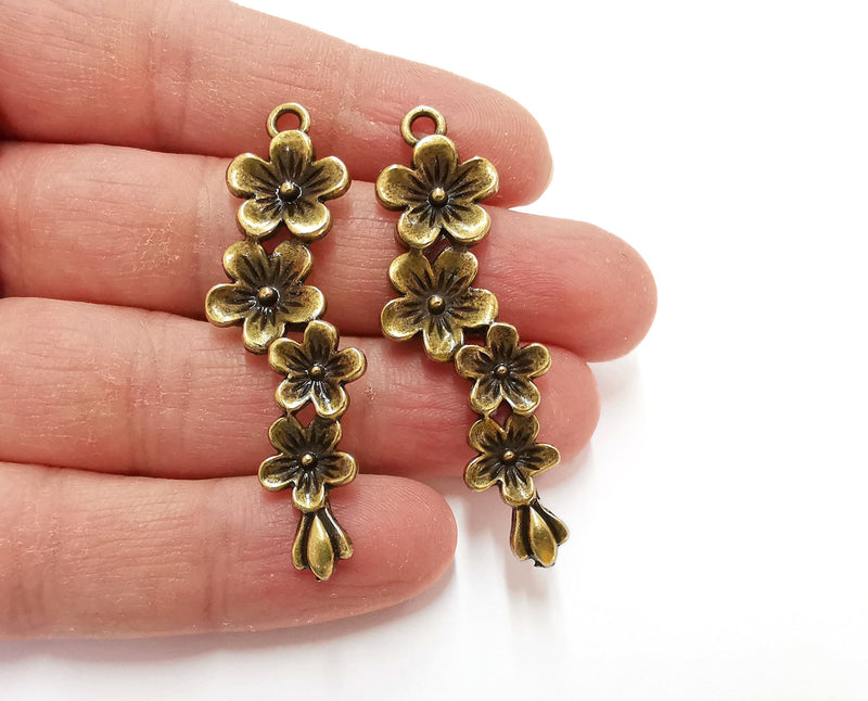 2 Flowers Charms Antique Bronze Plated Charms (56x15mm)  G21353