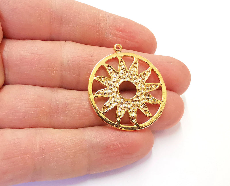 2 Sun Charms Shiny Gold Plated Charms (36x32mm)  G21366
