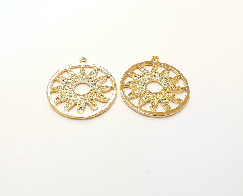 2 Sun Charms Shiny Gold Plated Charms (36x32mm)  G21366