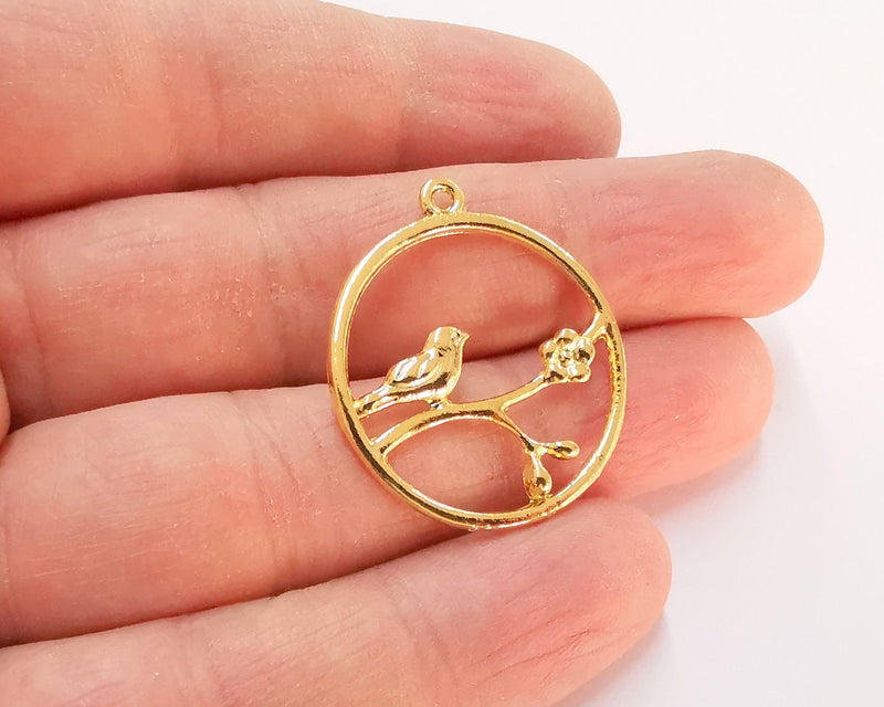 2 Bird Flower Charms Shiny Gold Plated Charms (32x29mm)  G21383