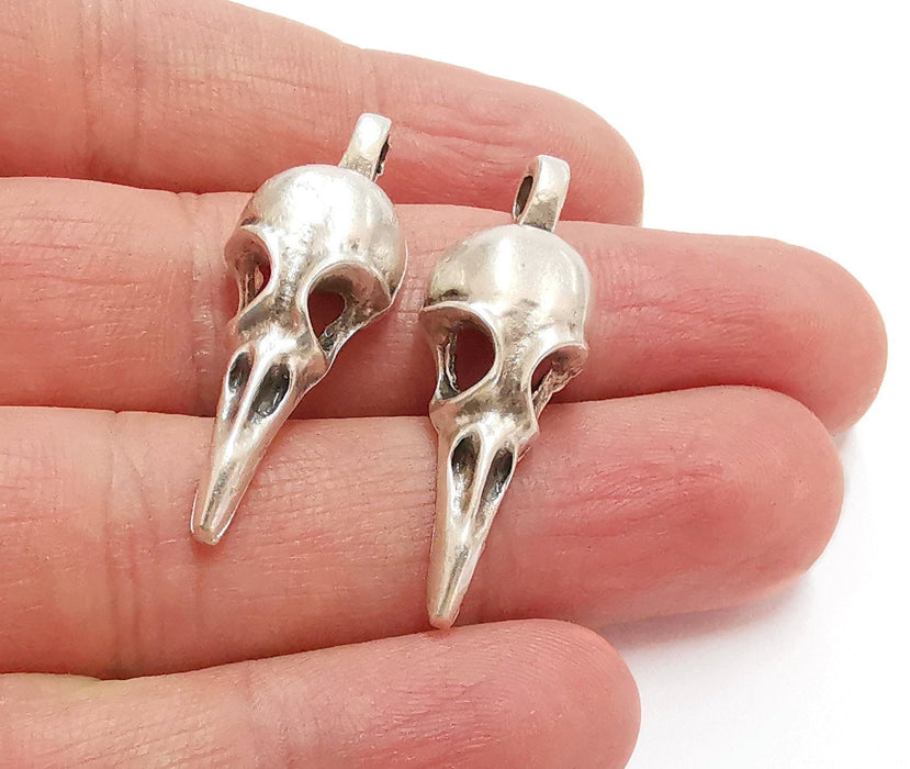 2 Bird Skull Pendant Antique Silver Plated Pendant (38x13mm)  G21409