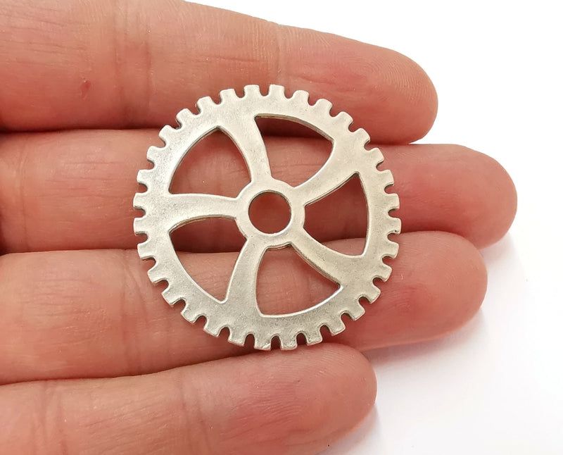 2 Gearwheel Charms Antique Silver Plated Charms (40mm)  G21572
