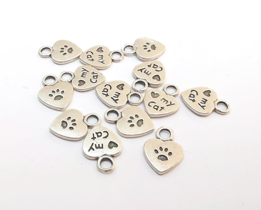 20 Heart My Cat Double Sided (both sides are different) Charms Antique Silver Plated Charms (12x8mm) G21579