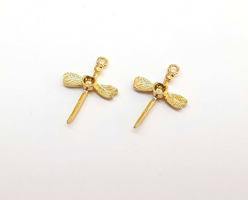 5 Dragonfly Charms Bezel Cabochon Blank 24K Shiny Gold Plated Nickel and Lead Free Charms (26x18mm)  G21582