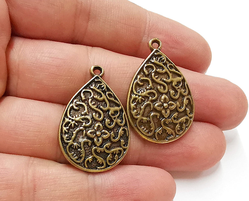 2 Flower Drop Charms Antique Bronze Plated Charms (33x22mm)  G21693