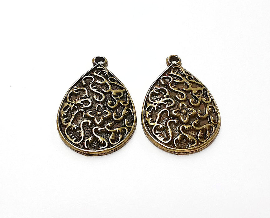 2 Flower Drop Charms Antique Bronze Plated Charms (33x22mm)  G21693