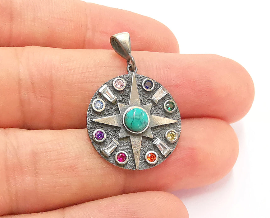 Sterling Silver Star Pendant 925 Oxidized Silver Pendant with Turquoise and Colored stones , Charms (32x21mm) ARG21708