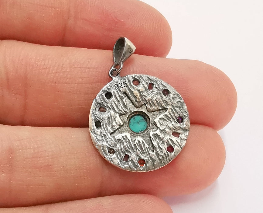 Sterling Silver Star Pendant 925 Oxidized Silver Pendant with Turquoise and Colored stones , Charms (32x21mm) ARG21708