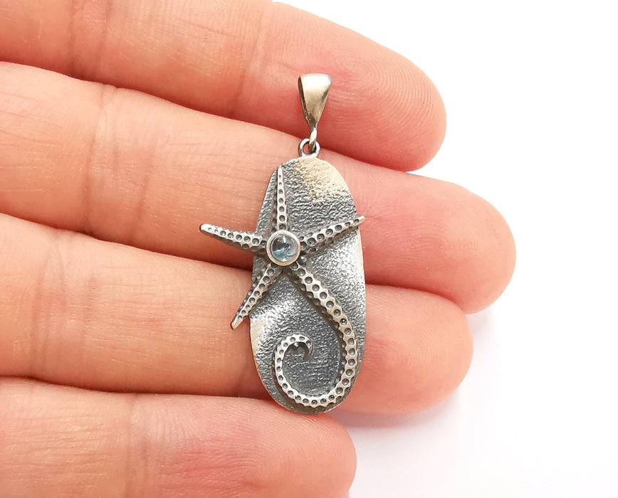 Sterling Silver Starfish Pendant 925 Oxidized Silver Pendant with Aquamarine Stones , Charms (40x19mm) ARG21709