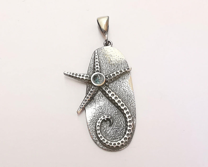 Sterling Silver Starfish Pendant 925 Oxidized Silver Pendant with Aquamarine Stones , Charms (40x19mm) ARG21709