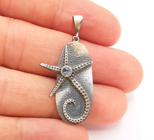 Sterling Silver Starfish Pendant 925 Oxidized Silver Pendant with Aquamarine Stones , Charms (40x19mm) ARG21709
