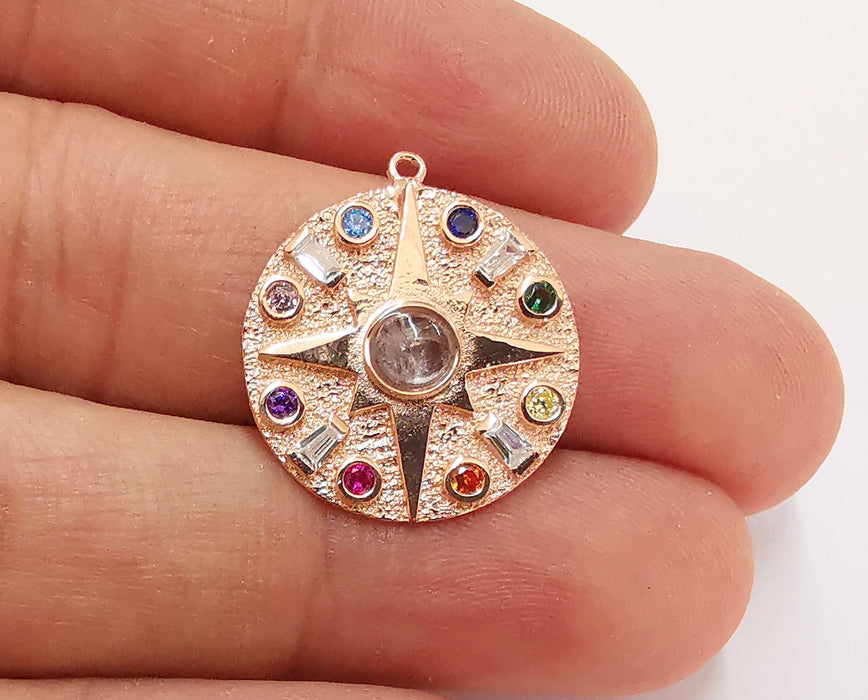 Sterling Silver Star Pendant 925 Rose Gold Plated Silver Pendant with pink quartz and Colored stones , Charms (32x21mm) ARG21710