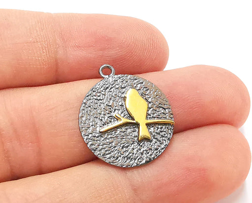Sterling Silver Bird Charms 925 Oxidized Silver and Gold Plated Silver Charms  , Pendant (20mm) AG21730