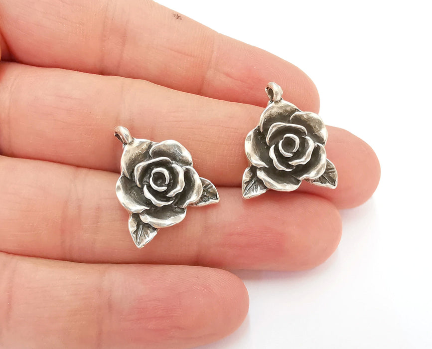 4 Rose Charms Antique Silver Plated Charms (22x19mm)  G21555