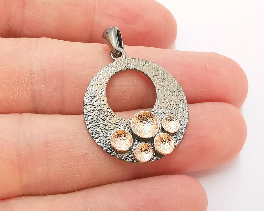 Sterling Silver Pendant Oxidized Silver Pendant with Rose Gold Oval Charms ,925 Silver Pendant (51x22mm) AG21799