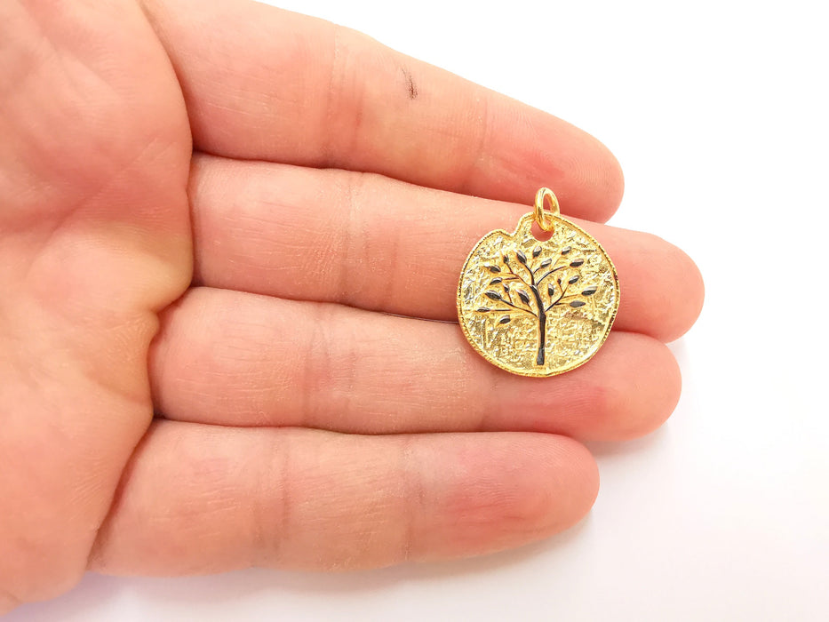 Sterling Silver Tree Pendant , Oxidized Silver Tree on Gold Plated Circle , 925 Silver Charms (24mm) AG21809