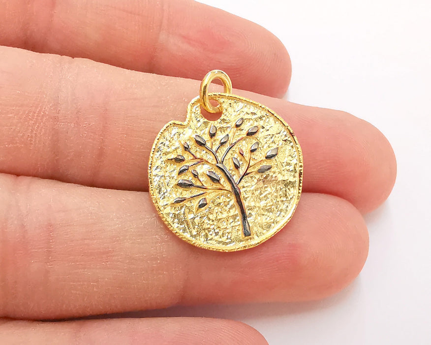 Sterling Silver Tree Pendant , Oxidized Silver Tree on Gold Plated Circle , 925 Silver Charms (24mm) AG21809