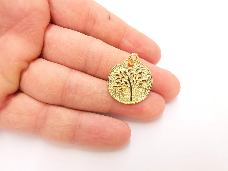 Sterling Silver Tree Pendant , Oxidized Silver Tree on Gold Plated Circle , 925 Silver Charms (24mm) AG21809