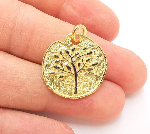 Sterling Silver Tree Pendant , Oxidized Silver Tree on Gold Plated Circle , 925 Silver Charms (24mm) AG21809