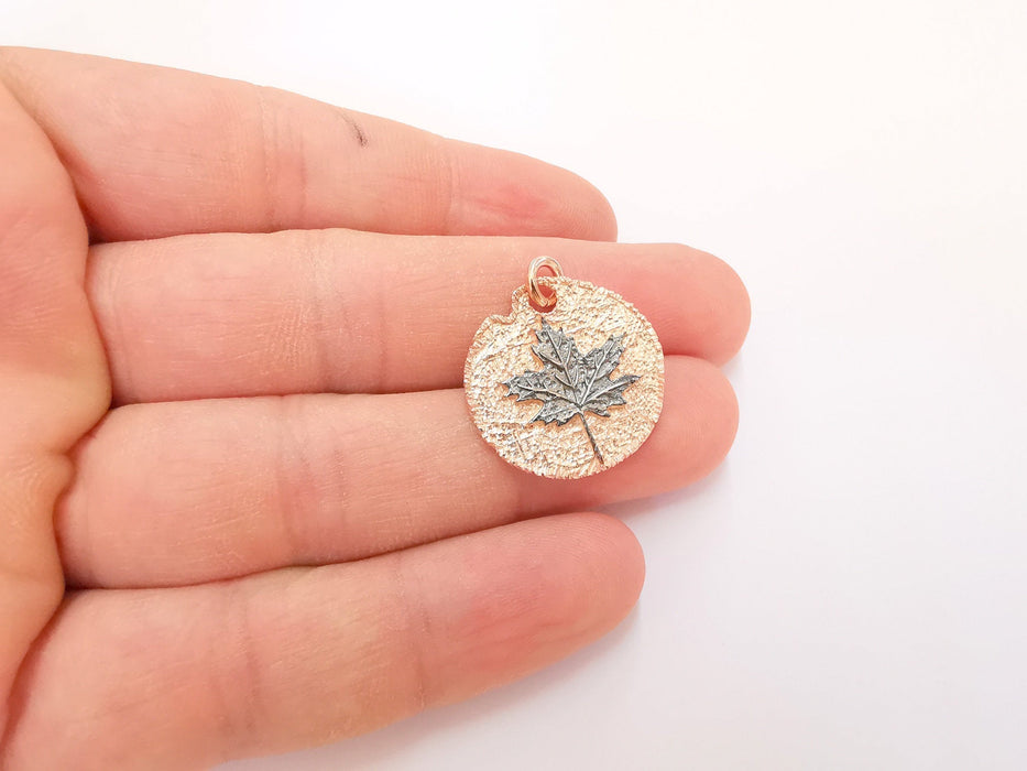 Rose Gold Sterling Silver Laple Leaf Pendant Oxidized Silver Maple Leaf with Rose Gold Roun base , 925 Silver Pendant (24mm) AG21811