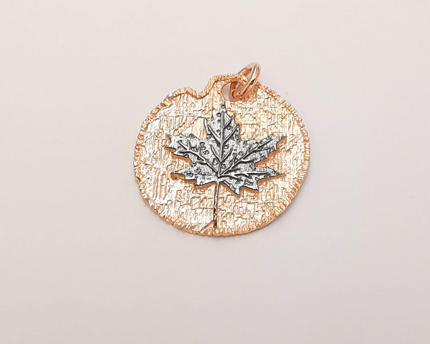 Rose Gold Sterling Silver Laple Leaf Pendant Oxidized Silver Maple Leaf with Rose Gold Roun base , 925 Silver Pendant (24mm) AG21811