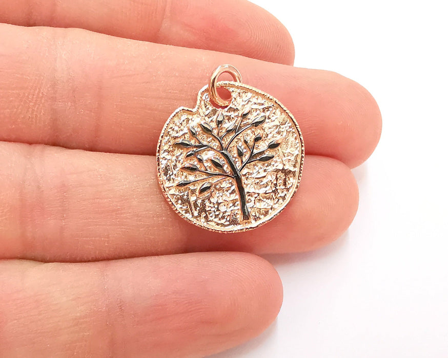 Rose Gold Sterling Silver Laple Leaf Pendant Oxidized Silver Tree with Rose Gold Roun base , 925 Silver Pendant (24mm) AG21814