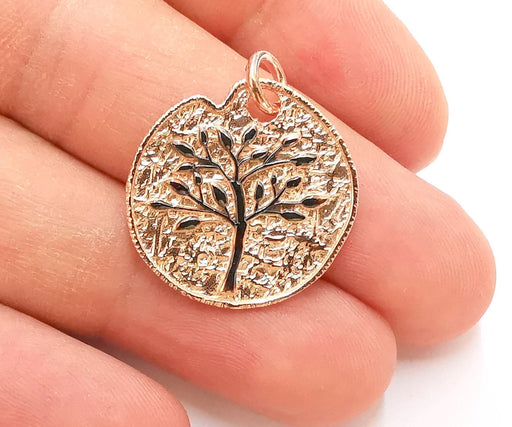 Rose Gold Sterling Silver Laple Leaf Pendant Oxidized Silver Tree with Rose Gold Roun base , 925 Silver Pendant (24mm) AG21814
