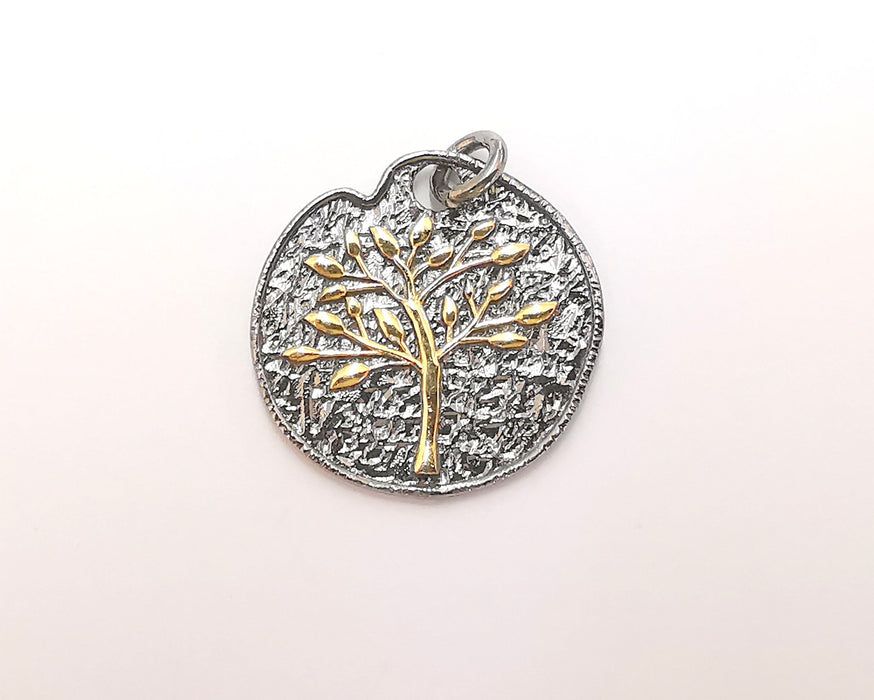 Sterling Silver Tree Pendant, Gold Tree on Oxidized Silver base , 925 Silver Pendant (24mm) AG21817