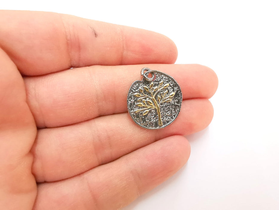 Sterling Silver Tree Pendant, Gold Tree on Oxidized Silver base , 925 Silver Pendant (24mm) AG21817