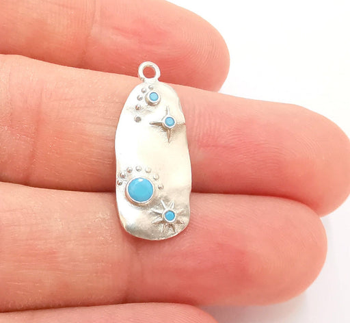 Sterling Silver Charms 925 Oxidized Silver Pendant with Blue stone , Charms (27x11mm) G30390
