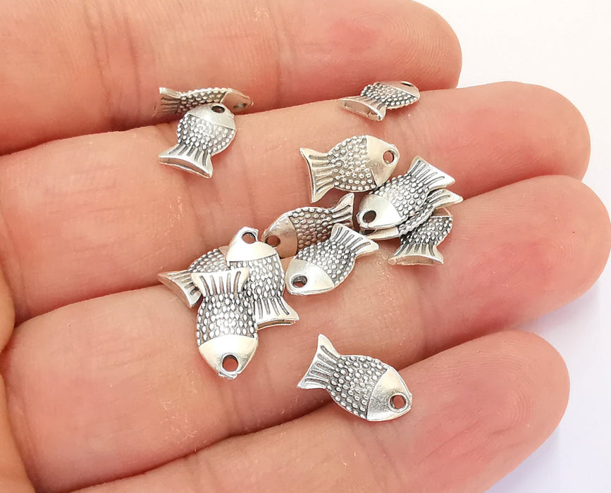 20 Fish Charms Double Sided Antique Silver Plated Charms (12x7mm)  G21826