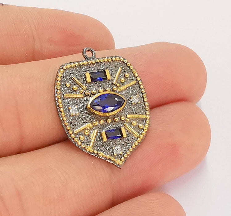 Sterling Silver Pendant 925 Oxidized Silver Pendant with Navy Blue Zircon Stone , Charms (27x21mm) AG21840