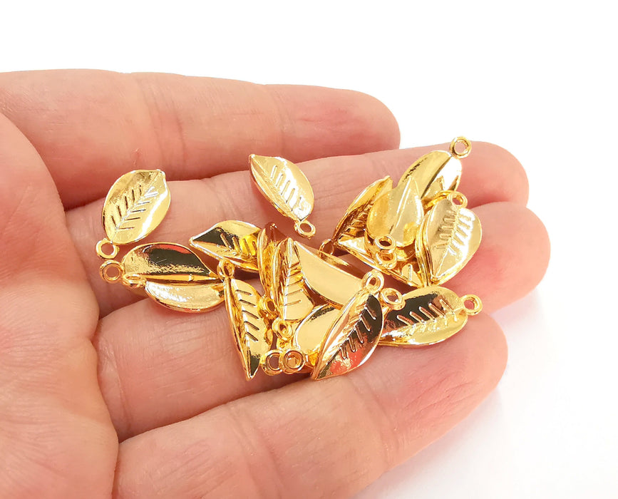 10 Leaf Charms 24K Shiny Gold Plated Charms (18x9mm)  G21578