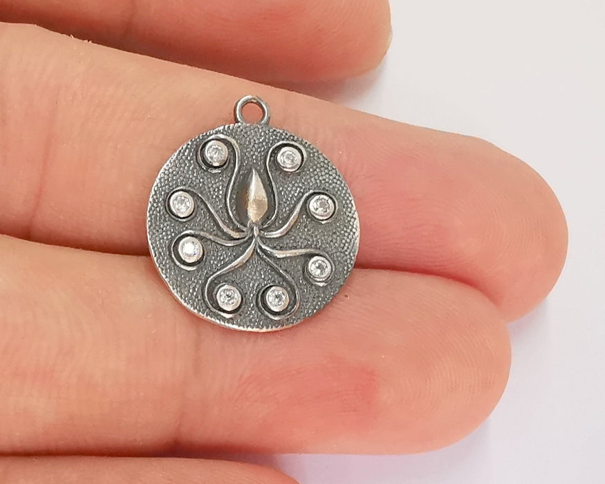 Sterling Silver Flower Pendant 925 Oxidized Silver Pendant with Cubic Zirconia , Charms (19mm) AG21841