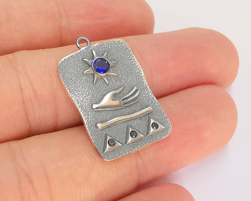 Sterling Silver Pendant 925 Oxidized Silver Pendant with Navy Blue Zircon Stone , Charms (28x18mm) AG21842