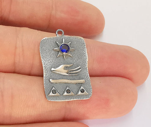 Sterling Silver Pendant 925 Oxidized Silver Pendant with Navy Blue Zircon Stone , Charms (28x18mm) AG21842