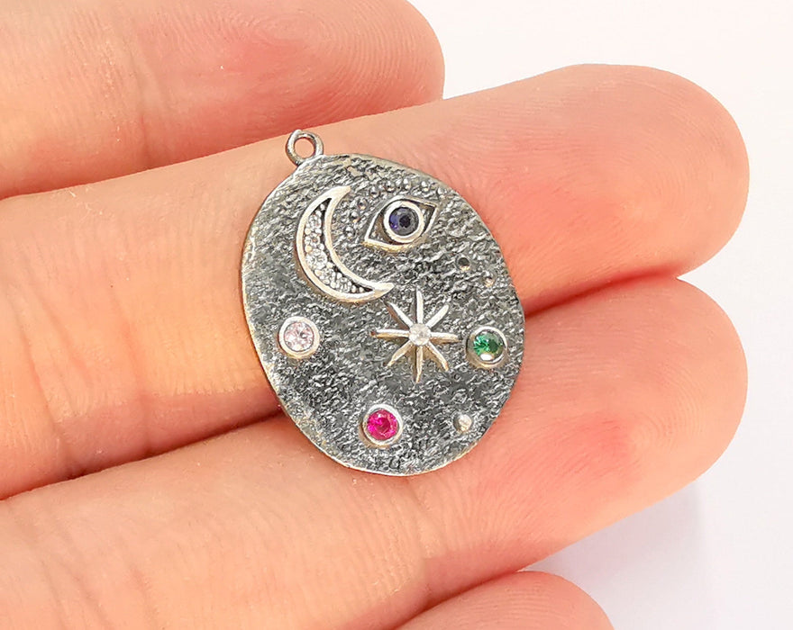 Sterling Silver Moon and Star Pendant 925 Oxidized Silver Pendant with Cubic Zirconia stone , Charms (25x19mm) AG21851